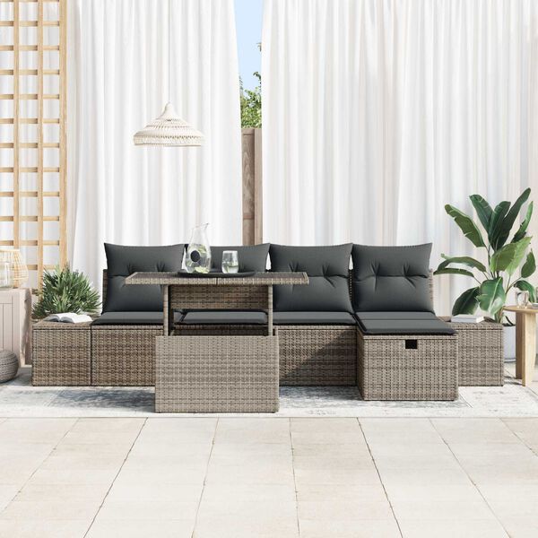 vidaXL Conjunto de sof&aacute; de jard&iacute;n 6 pcs Gris rat&aacute;n sint&eacute;tico