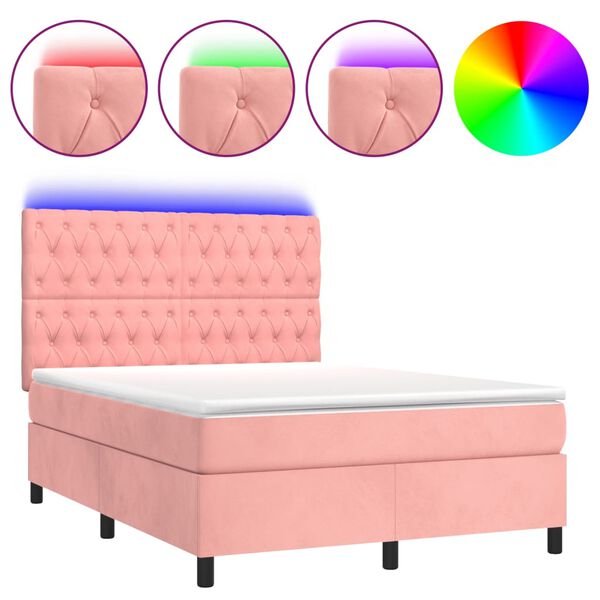 vidaXL Cama box spring colch&oacute;n y LED terciopelo rosa 140x200 cm