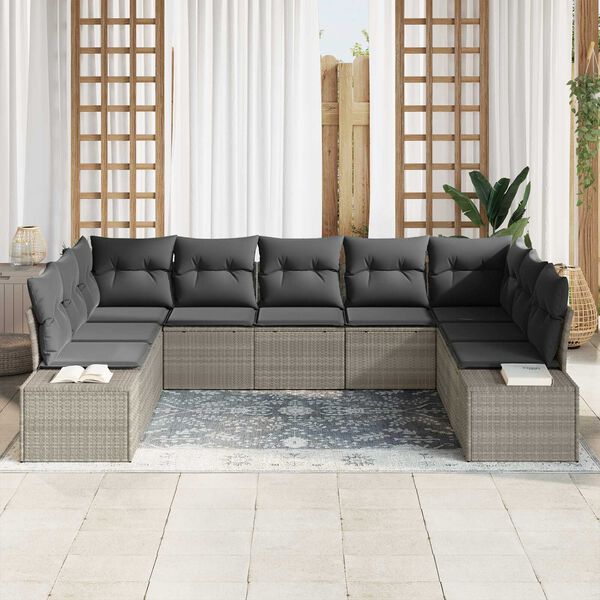 vidaXL Conjunto de sof&aacute; de jard&iacute;n 9 pcs Gris Claro rat&aacute;n sint&eacute;tico