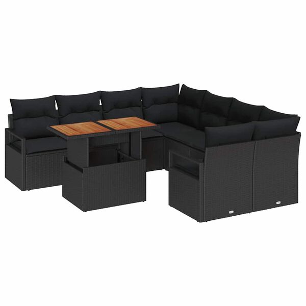 vidaXL Conjunto de sof&aacute; de jard&iacute;n 9 pcs Negro Polirat&aacute;n
