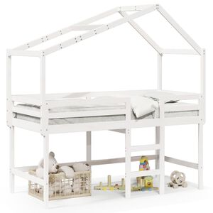 vidaXL Cama alta escalera y techo madera maciza pino blanca 90x190 cm