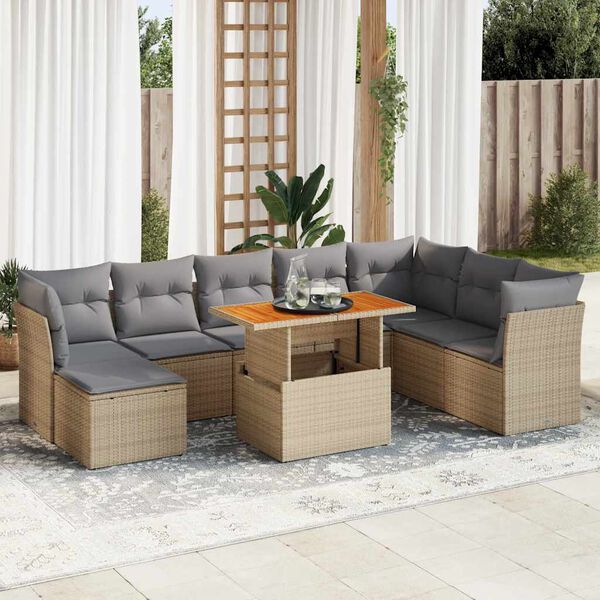 vidaXL Set de sof&aacute;s de jard&iacute;n con cojines 9 pzas rat&aacute;n sint&eacute;tico beige