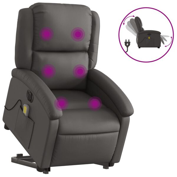 vidaXL Sillón reclinable masaje eléctrico de pie cuero auténtico gris
