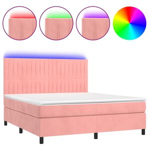 vidaXL Cama box spring colch&oacute;n y LED terciopelo rosa 180x200 cm