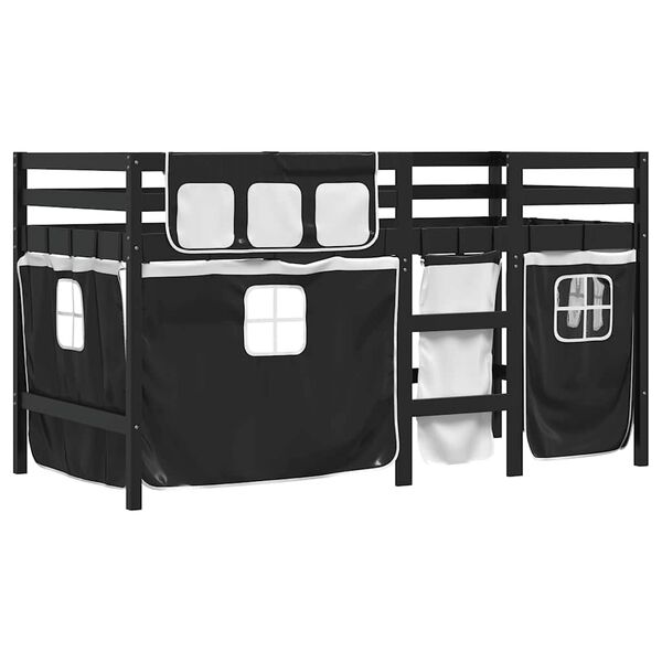 vidaXL Cama alta ni&ntilde;os con cortinas madera pino blanco negro 80x200 cm