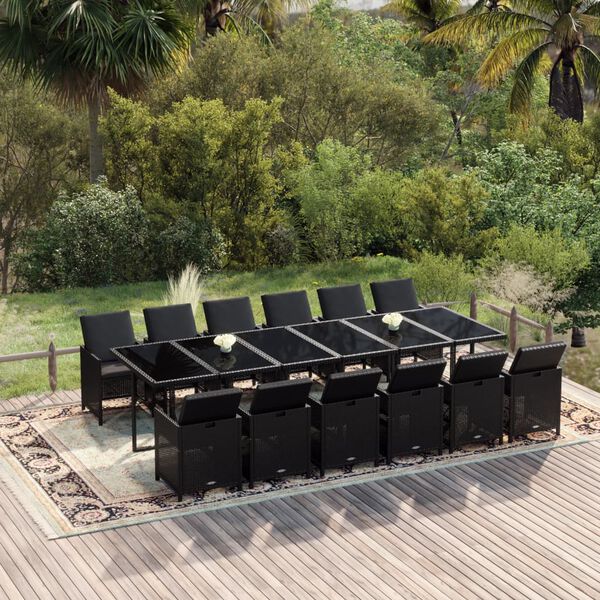vidaXL Set comedor de jard&iacute;n 13 pzas con cojines rat&aacute;n sint&eacute;tico negro