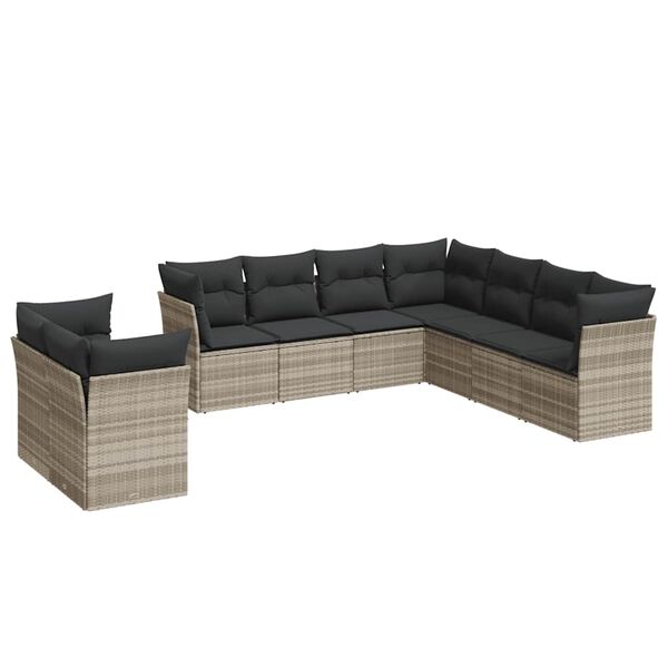 vidaXL Set muebles jard&iacute;n 9 pzas y cojines rat&aacute;n sint&eacute;tico gris claro