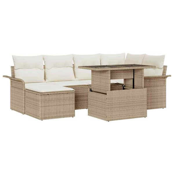 vidaXL Conjunto de sof&aacute; de jard&iacute;n con coj&iacute;n 7 pcs Beige Polirat&aacute;n