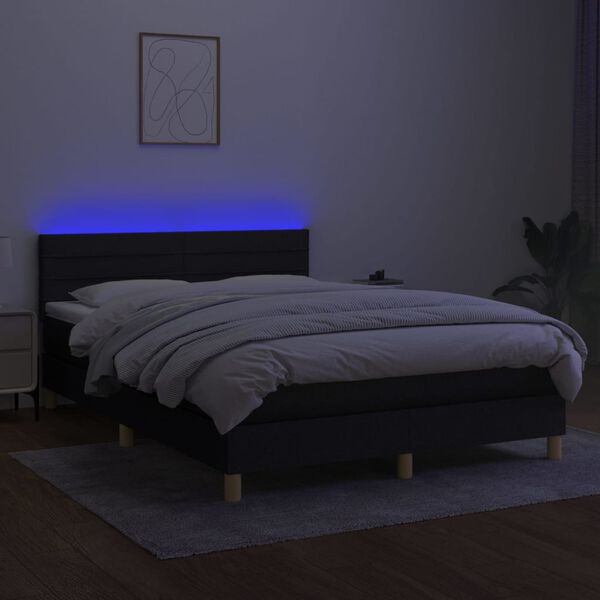 vidaXL Cama box spring colch&oacute;n y luces LED tela negro 140x200 cm