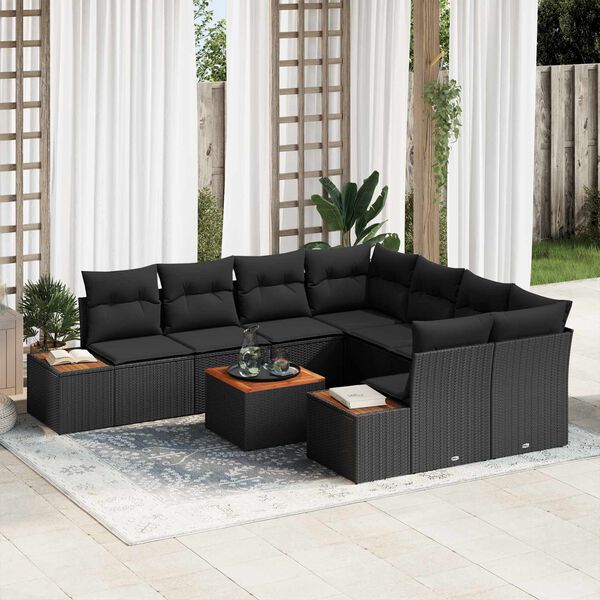 vidaXL Conjunto de sof&aacute; de jard&iacute;n con coj&iacute;n 9 pcs Negro Polirat&aacute;n