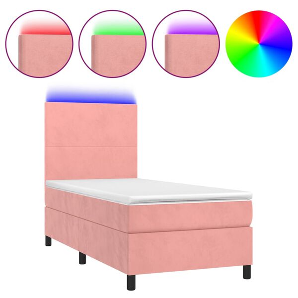 vidaXL Cama box spring colch&oacute;n y LED terciopelo rosa 100x200 cm