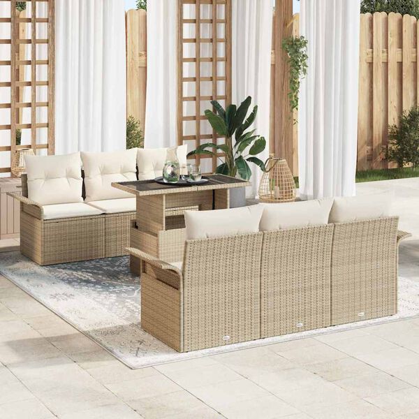 vidaXL Conjunto de sof&aacute; de jard&iacute;n con coj&iacute;n 7 pcs Beige Polirat&aacute;n