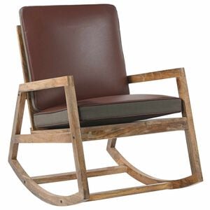 vidaXL Silla mecedora de cuero aut&eacute;ntico y madera mango maciza marr&oacute;n