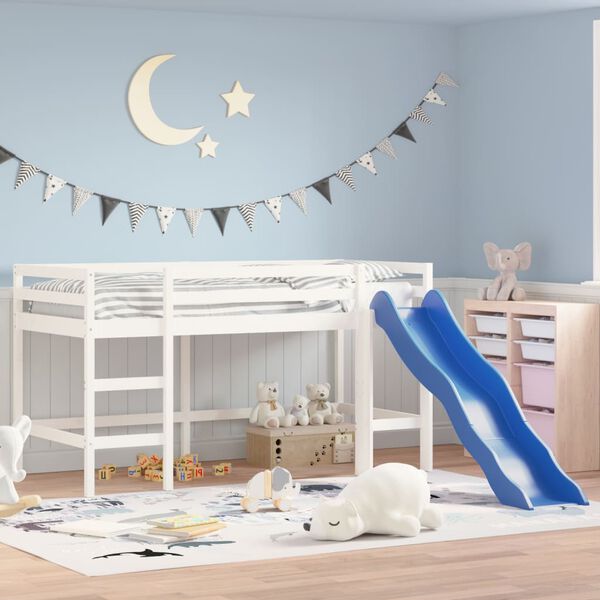 vidaXL Cama alta de ni&ntilde;os con tobog&aacute;n madera maciza blanca 90x190 cm