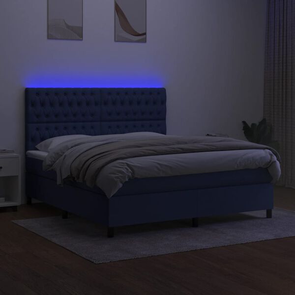vidaXL Cama box spring colch&oacute;n y luces LED tela azul 160x200 cm