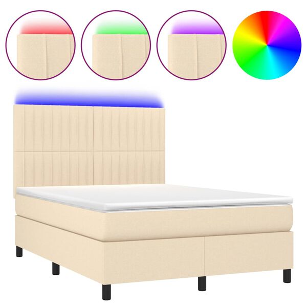 vidaXL Cama box spring colch&oacute;n y luces LED tela crema 140x190 cm