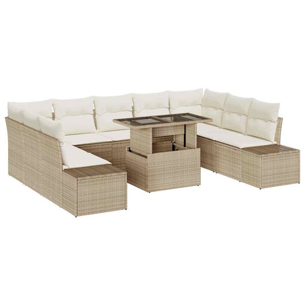 vidaXL Conjunto de sof&aacute; de jard&iacute;n 10 pcs Beige Polirat&aacute;n