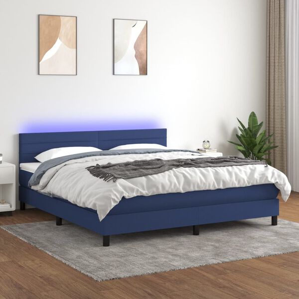 vidaXL Cama box spring colch&oacute;n y luces LED tela azul 160x200 cm