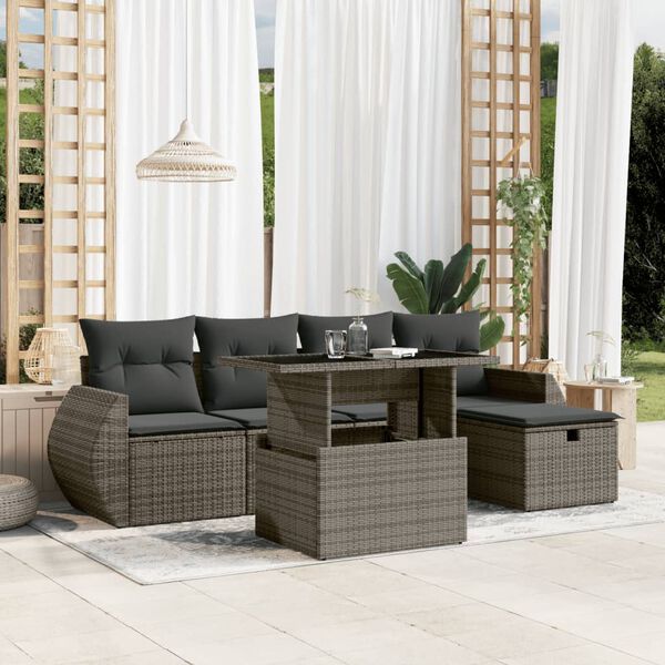 vidaXL Set de muebles de jard&iacute;n 6 pzas y cojines rat&aacute;n sint&eacute;tico gris