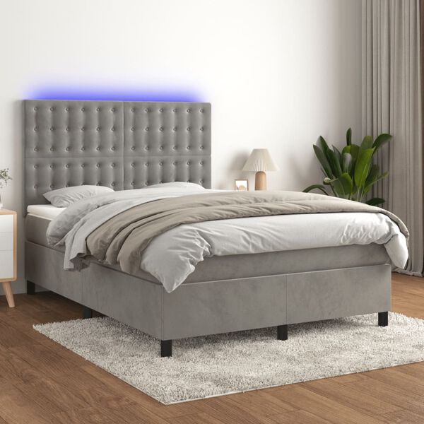 vidaXL Cama box spring colch&oacute;n y LED terciopelo gris claro 140x200 cm