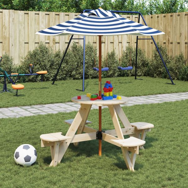 vidaXL Mesa de picnic para 4 ni&ntilde;os agujero para sombrilla madera abeto