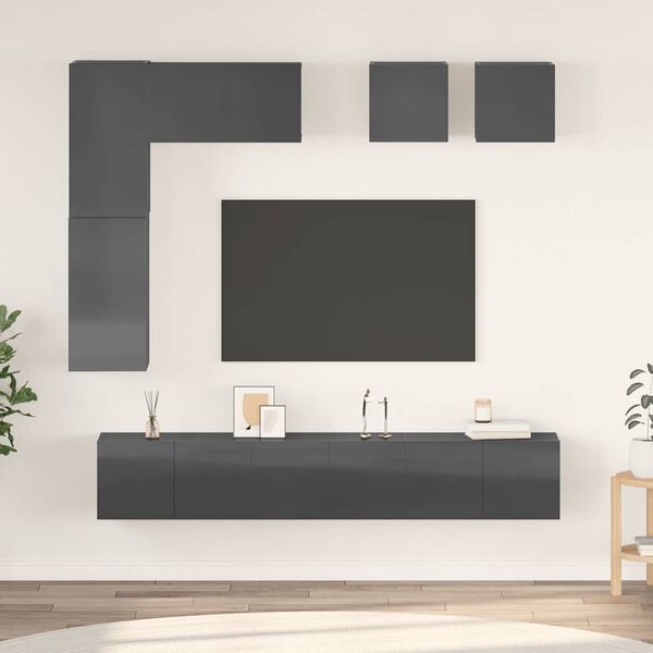 vidaXL Muebles de TV de sal&oacute;n 8 pzas madera de ingenier&iacute;a gris brillo
