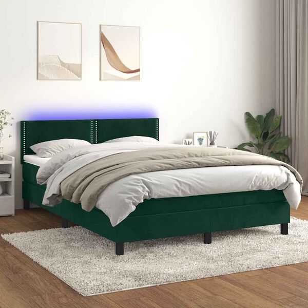vidaXL Cama box spring colch&oacute;n y LED terciopelo verde oscuro 140x190cm