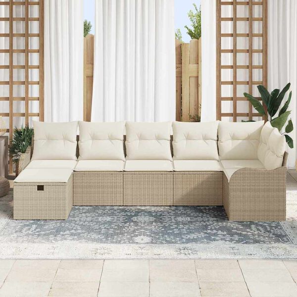 vidaXL Conjunto de sof&aacute; de jard&iacute;n con coj&iacute;n 7 pcs Beige Polirat&aacute;n