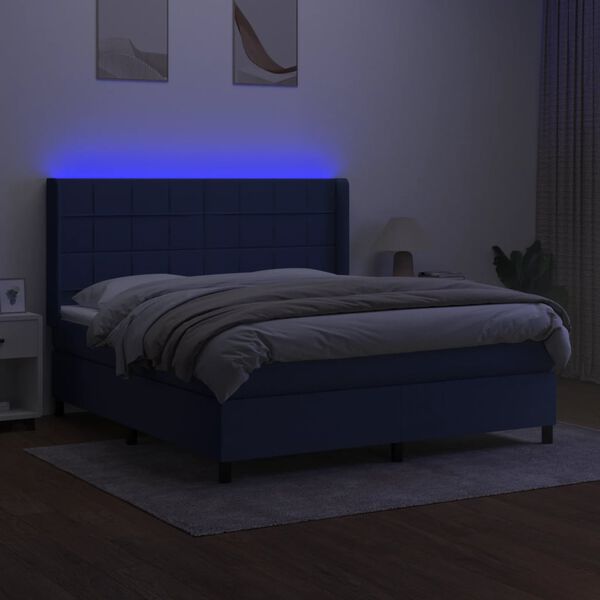 vidaXL Cama box spring colch&oacute;n y luces LED tela azul 160x200 cm