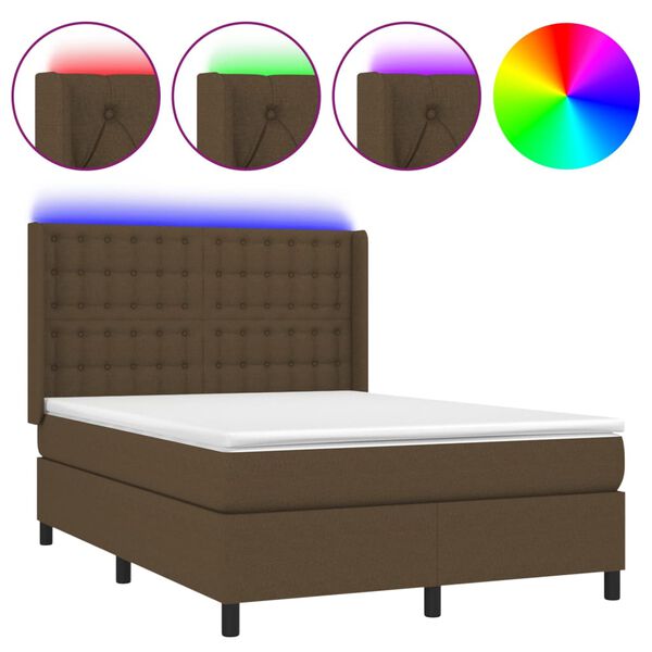 vidaXL Cama box spring colch&oacute;n luces LED tela marr&oacute;n oscuro 140x190 cm