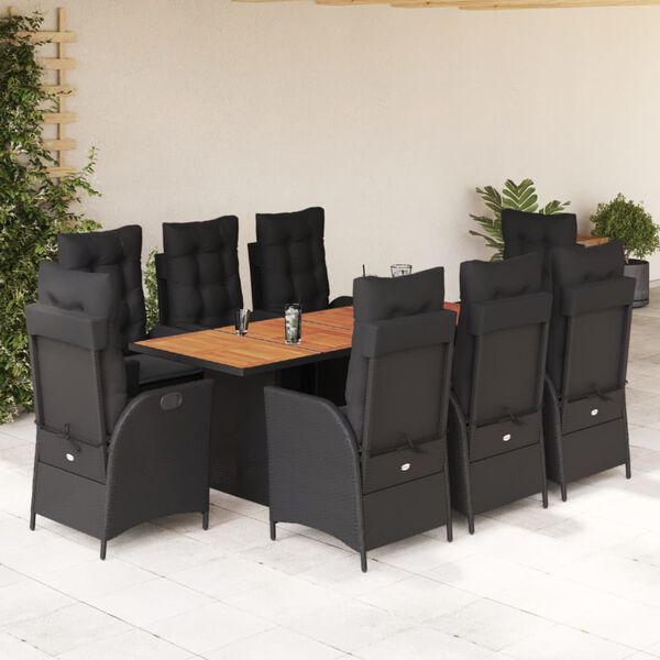 vidaXL Set de comedor de jard&iacute;n 9 pzas y cojines rat&aacute;n sint&eacute;tico negro