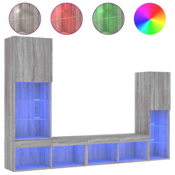 vidaXL Muebles TV pared con LED 4 pzas madera ingenier&iacute;a gris Sonoma