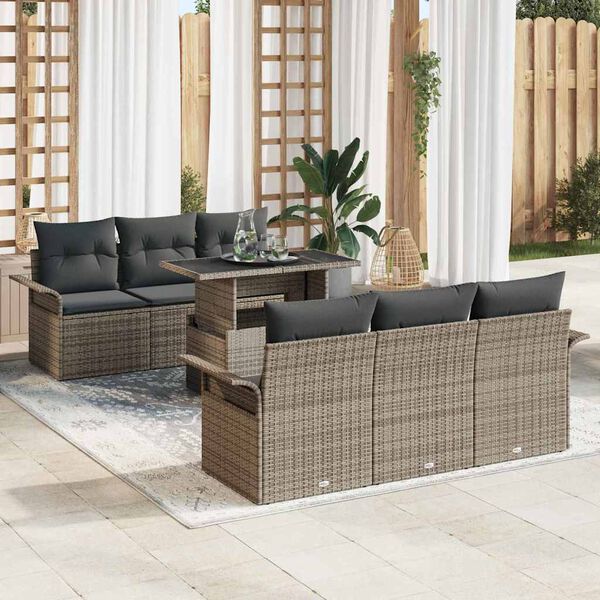 vidaXL Conjunto de sof&aacute; de jard&iacute;n con coj&iacute;n 7 pcs Gris rat&aacute;n sint&eacute;tico