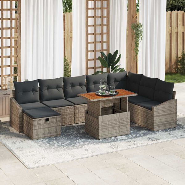vidaXL Conjunto de sof&aacute;s de jard&iacute;n 9 pcs Gris rat&aacute;n sint&eacute;tico