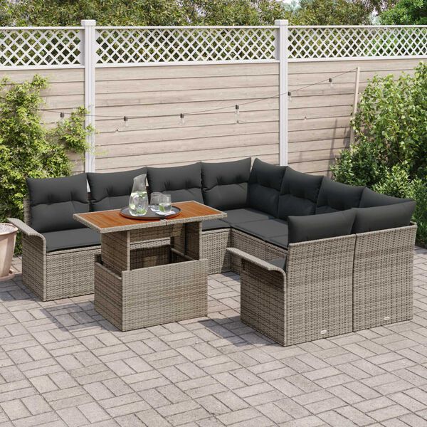 vidaXL Conjunto de sof&aacute; de jard&iacute;n 9 pcs Gris Polirat&aacute;n