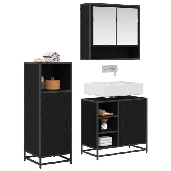 vidaXL Juego de muebles de ba&ntilde;o 3 pcs Roble Negro Madera de ingenier&iacute;a