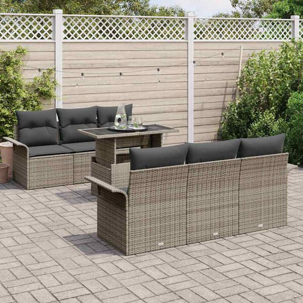 vidaXL Conjunto de sof&aacute; de jard&iacute;n con coj&iacute;n 7 pcs Gris rat&aacute;n sint&eacute;tico