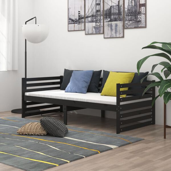 vidaXL Sof&aacute; cama con colch&oacute;n madera de pino maciza negro 90x200 cm