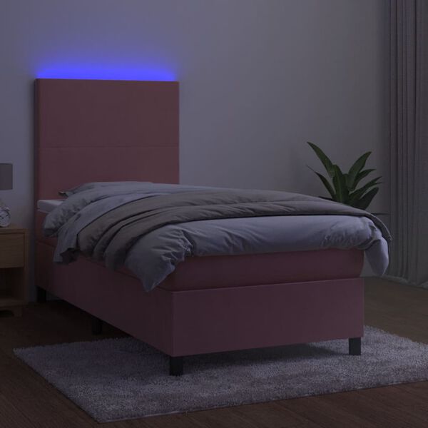 vidaXL Cama box spring colch&oacute;n y LED terciopelo rosa 100x200 cm