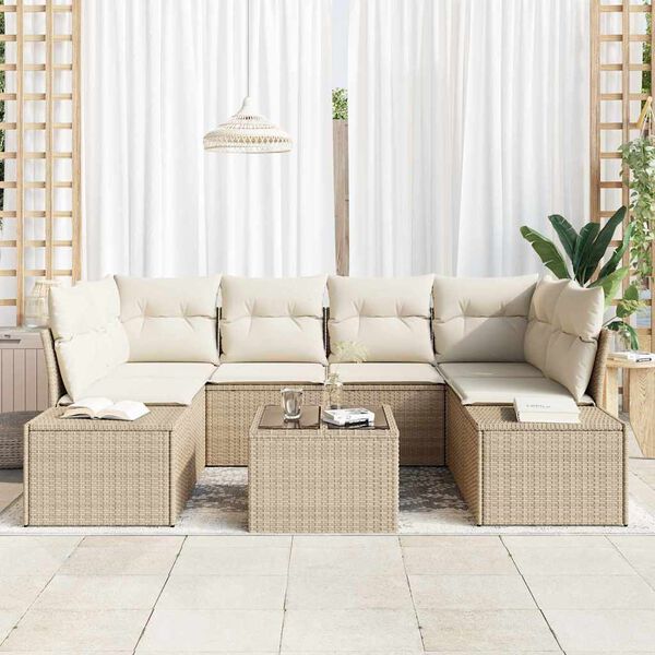 vidaXL Conjunto de sof&aacute; de jard&iacute;n 8 pcs Beige y Crema rat&aacute;n sint&eacute;tico
