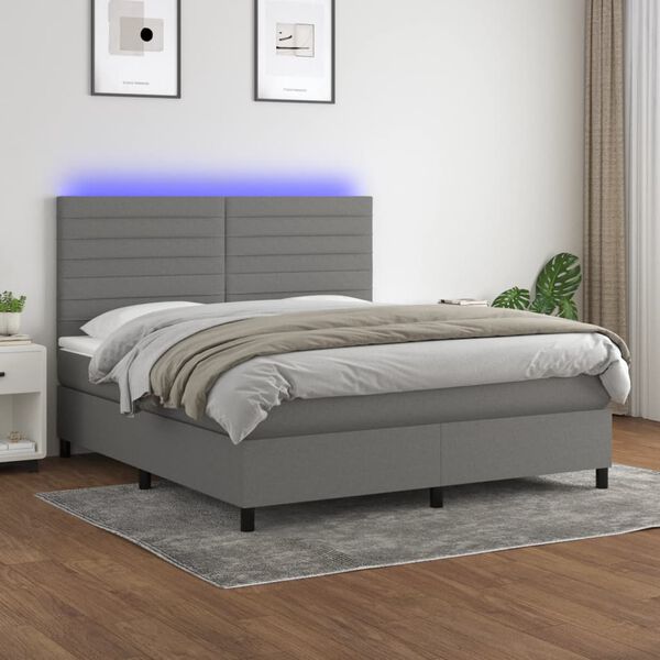 vidaXL Cama box spring colch&oacute;n y luces LED tela gris oscuro 160x200 cm