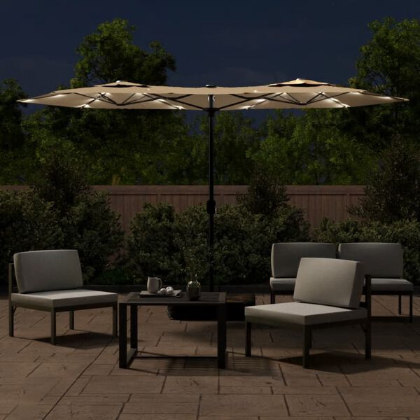 vidaXL Sombrilla doble de jard&iacute;n con luces LED gris taupe 316x145 cm