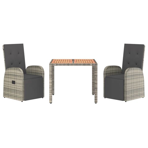 vidaXL Set comedor de jardín 3 piezas con cojines ratán sintético gris