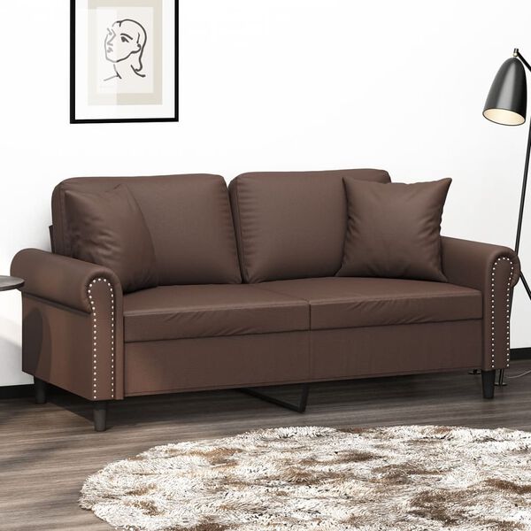 vidaXL Sof&aacute; 2 plazas almohadas y cojines cuero sint&eacute;tico marr&oacute;n 140 cm