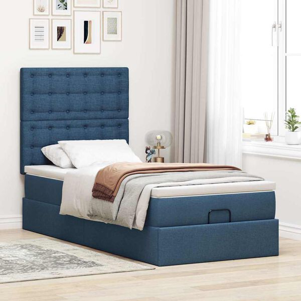 vidaXL Estructura de cama otomana con colch&oacute;n tela azul 80x200cm