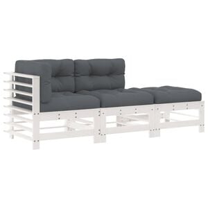 vidaXL Juego de sof&aacute;s de jard&iacute;n 3 pzas y cojines madera maciza blanco