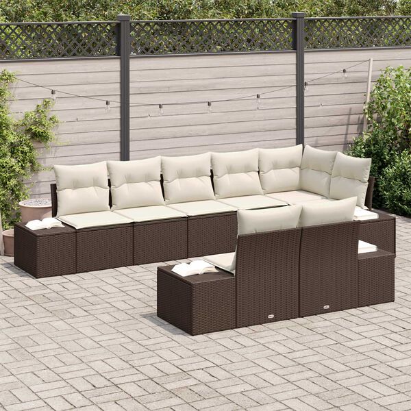 vidaXL Conjunto de sof&aacute; de jard&iacute;n 8 pcs Marr&oacute;n y crema rat&aacute;n sint&eacute;tico