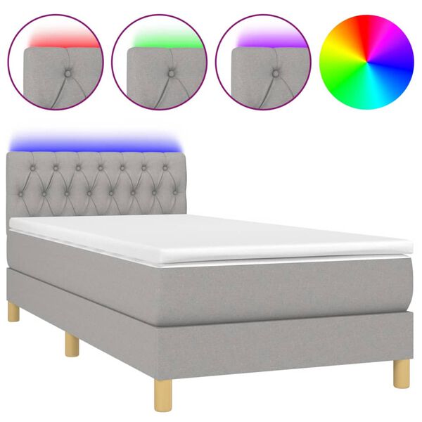 vidaXL Cama box spring colch&oacute;n y luces LED tela gris claro 90x200 cm