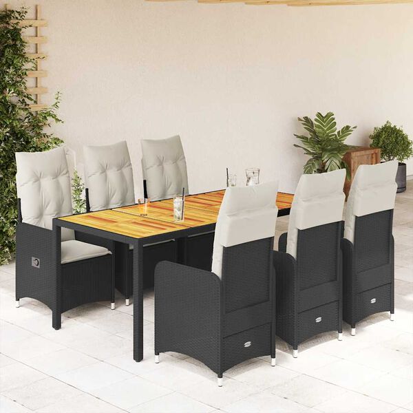 vidaXL Set de mesa y sillas de jard&iacute;n 7 pzas y cojines rat&aacute;n PE negro