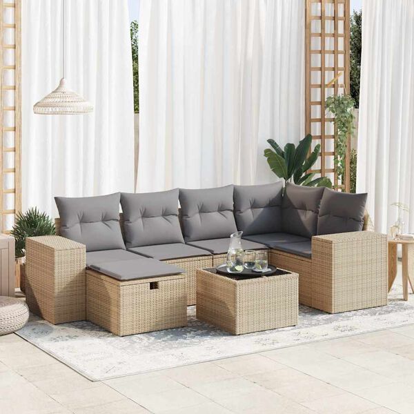 vidaXL Set sof&aacute;s de jard&iacute;n 7 piezas y cojines rat&aacute;n sint&eacute;tico beige